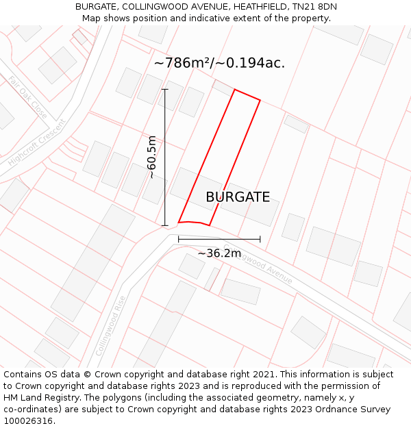 BURGATE, COLLINGWOOD AVENUE, HEATHFIELD, TN21 8DN: Plot and title map