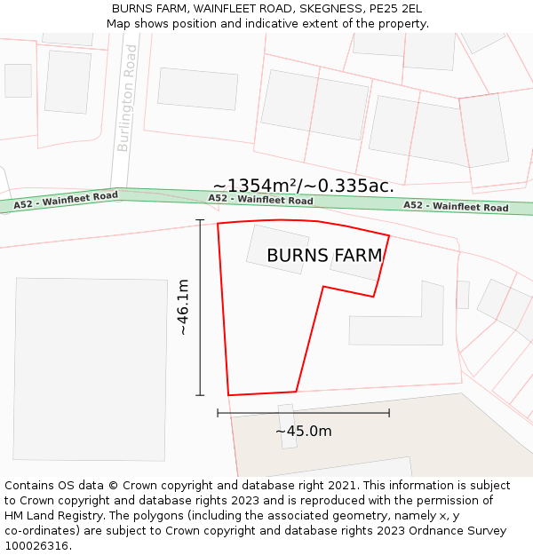 BURNS FARM, WAINFLEET ROAD, SKEGNESS, PE25 2EL: Plot and title map