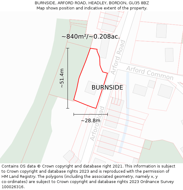 BURNSIDE, ARFORD ROAD, HEADLEY, BORDON, GU35 8BZ: Plot and title map