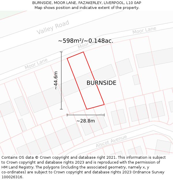 BURNSIDE, MOOR LANE, FAZAKERLEY, LIVERPOOL, L10 0AP: Plot and title map