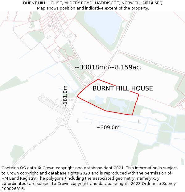 BURNT HILL HOUSE, ALDEBY ROAD, HADDISCOE, NORWICH, NR14 6PQ: Plot and title map