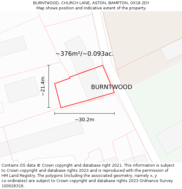 BURNTWOOD, CHURCH LANE, ASTON, BAMPTON, OX18 2DY: Plot and title map