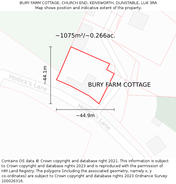 BURY FARM COTTAGE, CHURCH END, KENSWORTH, DUNSTABLE, LU6 3RA: Plot and title map