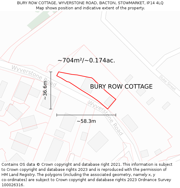 BURY ROW COTTAGE, WYVERSTONE ROAD, BACTON, STOWMARKET, IP14 4LQ: Plot and title map