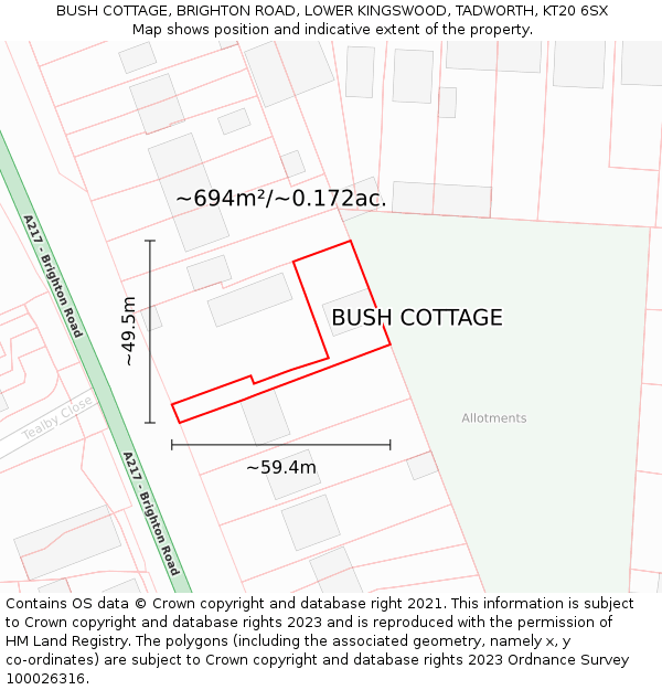 BUSH COTTAGE, BRIGHTON ROAD, LOWER KINGSWOOD, TADWORTH, KT20 6SX: Plot and title map