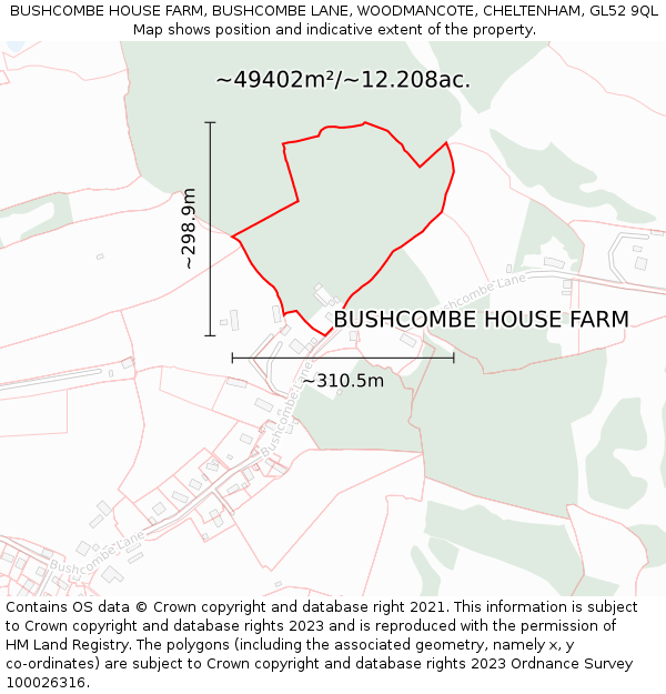 BUSHCOMBE HOUSE FARM, BUSHCOMBE LANE, WOODMANCOTE, CHELTENHAM, GL52 9QL: Plot and title map