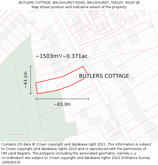 BUTLERS COTTAGE, BAUGHURST ROAD, BAUGHURST, TADLEY, RG26 5JF: Plot and title map