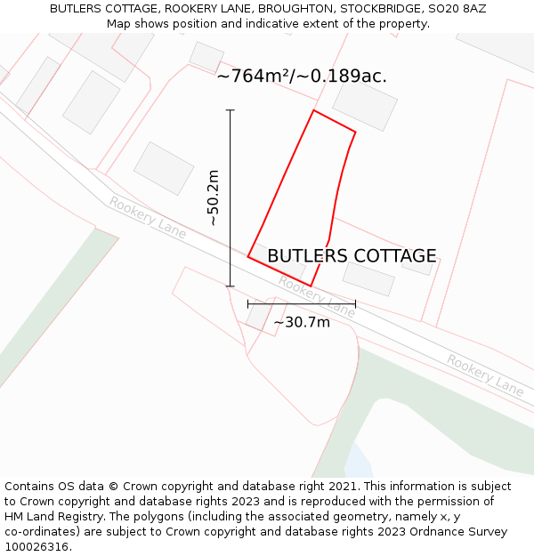 BUTLERS COTTAGE, ROOKERY LANE, BROUGHTON, STOCKBRIDGE, SO20 8AZ: Plot and title map