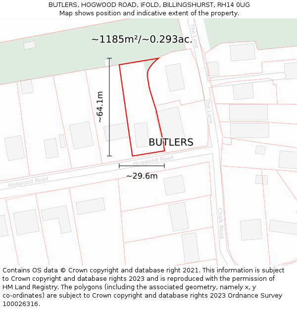 BUTLERS, HOGWOOD ROAD, IFOLD, BILLINGSHURST, RH14 0UG: Plot and title map