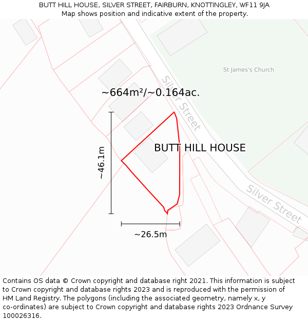 BUTT HILL HOUSE, SILVER STREET, FAIRBURN, KNOTTINGLEY, WF11 9JA: Plot and title map