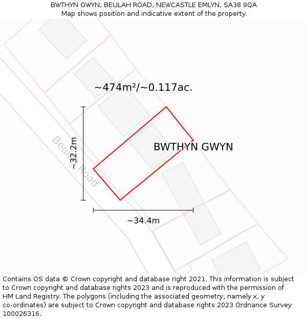 BWTHYN GWYN, BEULAH ROAD, NEWCASTLE EMLYN, SA38 9QA: Plot and title map