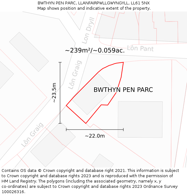 BWTHYN PEN PARC, LLANFAIRPWLLGWYNGYLL, LL61 5NX: Plot and title map