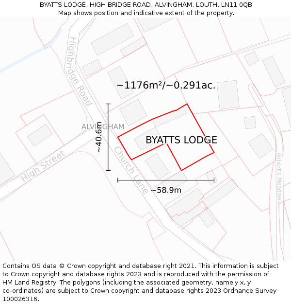 BYATTS LODGE, HIGH BRIDGE ROAD, ALVINGHAM, LOUTH, LN11 0QB: Plot and title map