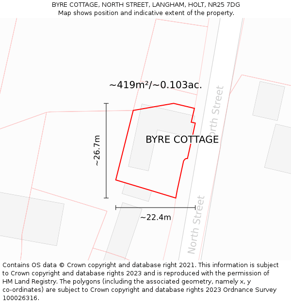 BYRE COTTAGE, NORTH STREET, LANGHAM, HOLT, NR25 7DG: Plot and title map