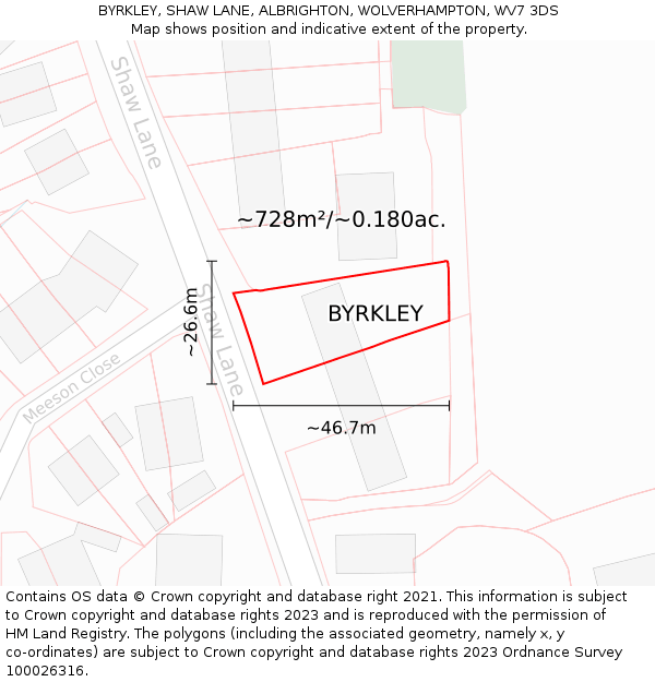 BYRKLEY, SHAW LANE, ALBRIGHTON, WOLVERHAMPTON, WV7 3DS: Plot and title map