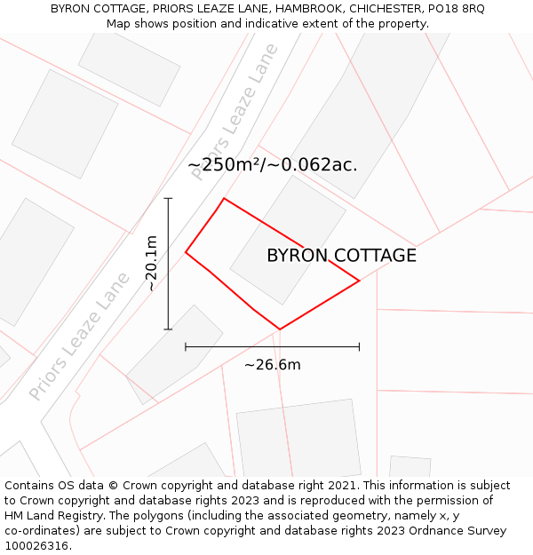 BYRON COTTAGE, PRIORS LEAZE LANE, HAMBROOK, CHICHESTER, PO18 8RQ: Plot and title map