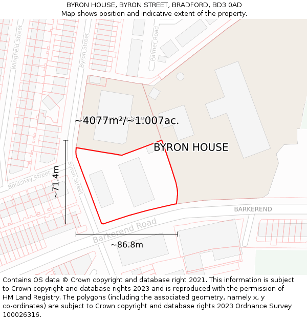 BYRON HOUSE, BYRON STREET, BRADFORD, BD3 0AD: Plot and title map