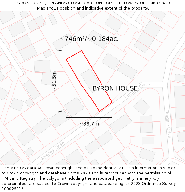 BYRON HOUSE, UPLANDS CLOSE, CARLTON COLVILLE, LOWESTOFT, NR33 8AD: Plot and title map