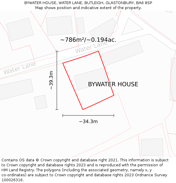 BYWATER HOUSE, WATER LANE, BUTLEIGH, GLASTONBURY, BA6 8SP: Plot and title map