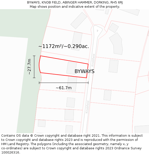 BYWAYS, KNOB FIELD, ABINGER HAMMER, DORKING, RH5 6RJ: Plot and title map