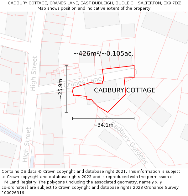 CADBURY COTTAGE, CRANES LANE, EAST BUDLEIGH, BUDLEIGH SALTERTON, EX9 7DZ: Plot and title map