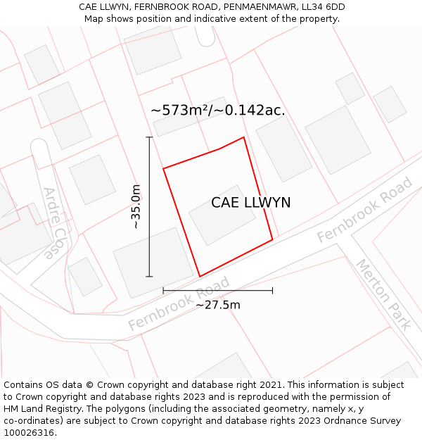 CAE LLWYN, FERNBROOK ROAD, PENMAENMAWR, LL34 6DD: Plot and title map