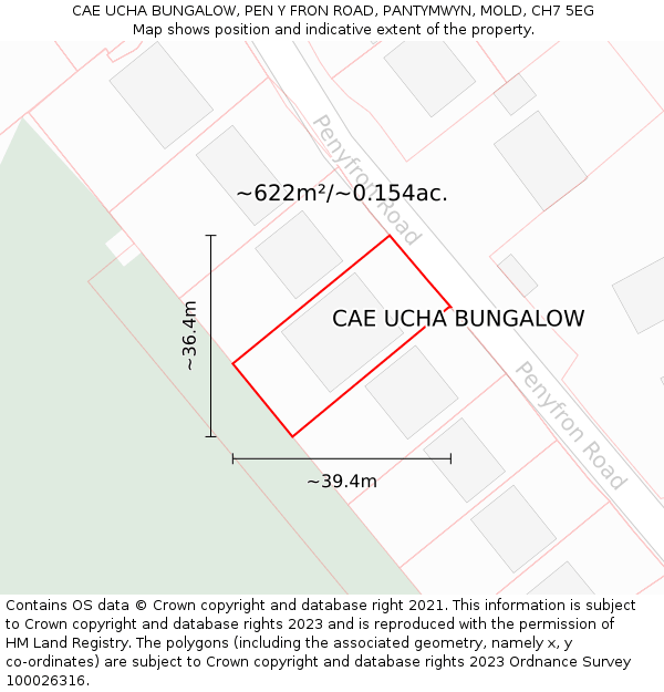 CAE UCHA BUNGALOW, PEN Y FRON ROAD, PANTYMWYN, MOLD, CH7 5EG: Plot and title map