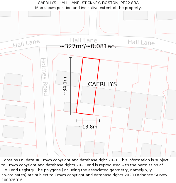 CAERLLYS, HALL LANE, STICKNEY, BOSTON, PE22 8BA: Plot and title map