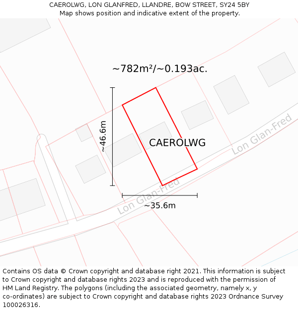 CAEROLWG, LON GLANFRED, LLANDRE, BOW STREET, SY24 5BY: Plot and title map