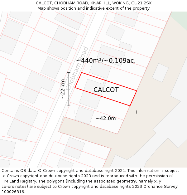 CALCOT, CHOBHAM ROAD, KNAPHILL, WOKING, GU21 2SX: Plot and title map