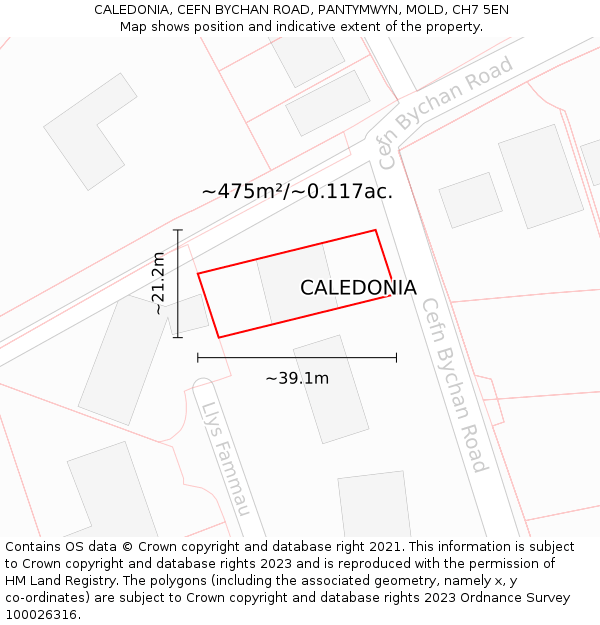 CALEDONIA, CEFN BYCHAN ROAD, PANTYMWYN, MOLD, CH7 5EN: Plot and title map