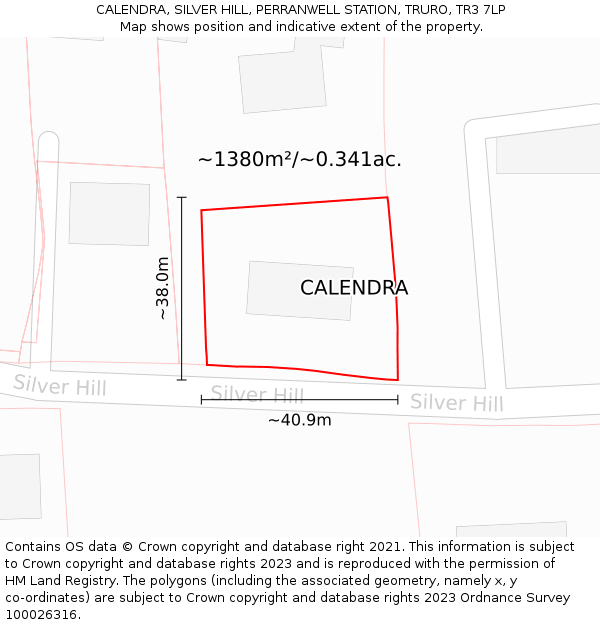 CALENDRA, SILVER HILL, PERRANWELL STATION, TRURO, TR3 7LP: Plot and title map