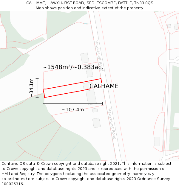 CALHAME, HAWKHURST ROAD, SEDLESCOMBE, BATTLE, TN33 0QS: Plot and title map