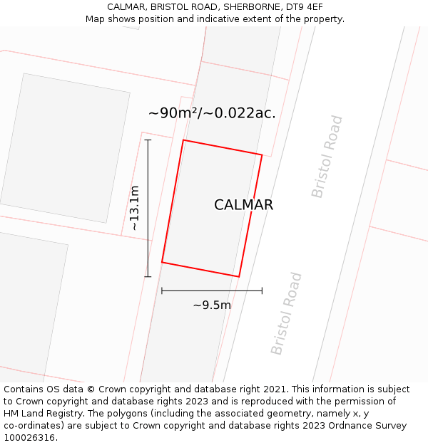 CALMAR, BRISTOL ROAD, SHERBORNE, DT9 4EF: Plot and title map