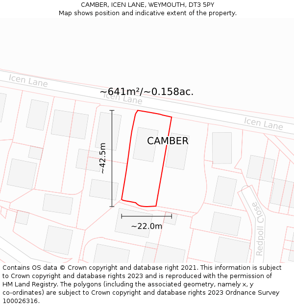 CAMBER, ICEN LANE, WEYMOUTH, DT3 5PY: Plot and title map