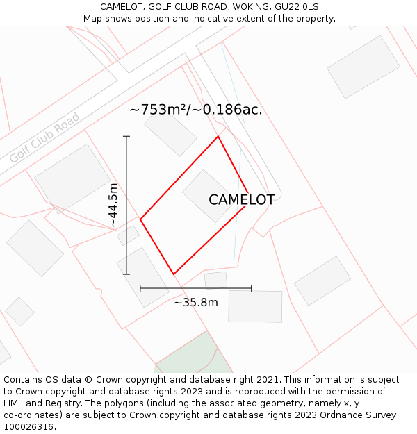 CAMELOT, GOLF CLUB ROAD, WOKING, GU22 0LS: Plot and title map