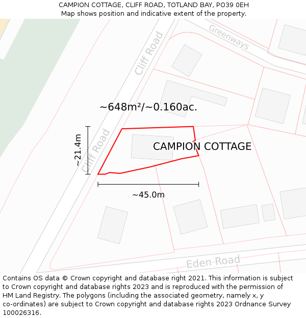 CAMPION COTTAGE, CLIFF ROAD, TOTLAND BAY, PO39 0EH: Plot and title map