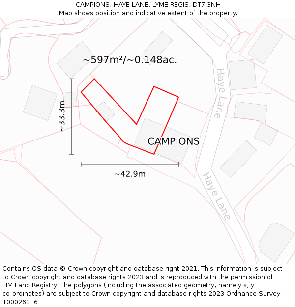 CAMPIONS, HAYE LANE, LYME REGIS, DT7 3NH: Plot and title map