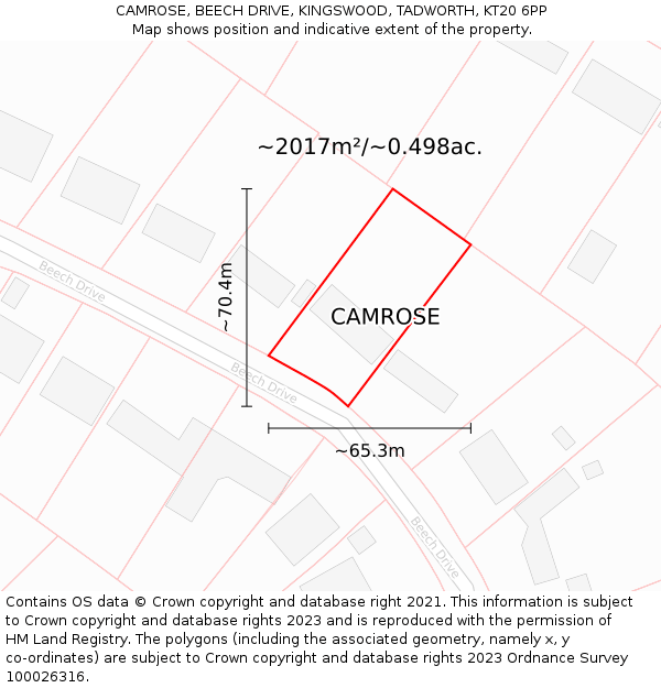 CAMROSE, BEECH DRIVE, KINGSWOOD, TADWORTH, KT20 6PP: Plot and title map