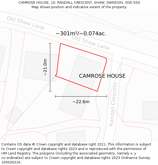 CAMROSE HOUSE, 10, RANDALL CRESCENT, SHAW, SWINDON, SN5 5SS: Plot and title map