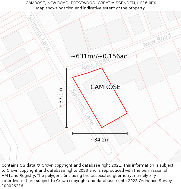 CAMROSE, NEW ROAD, PRESTWOOD, GREAT MISSENDEN, HP16 0PX: Plot and title map