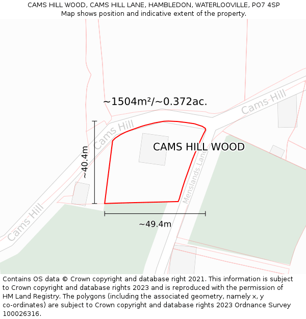 CAMS HILL WOOD, CAMS HILL LANE, HAMBLEDON, WATERLOOVILLE, PO7 4SP: Plot and title map