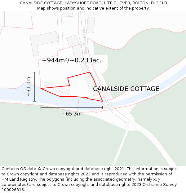 CANALSIDE COTTAGE, LADYSHORE ROAD, LITTLE LEVER, BOLTON, BL3 1LB: Plot and title map