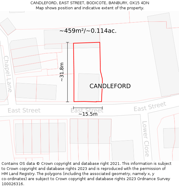 CANDLEFORD, EAST STREET, BODICOTE, BANBURY, OX15 4DN: Plot and title map