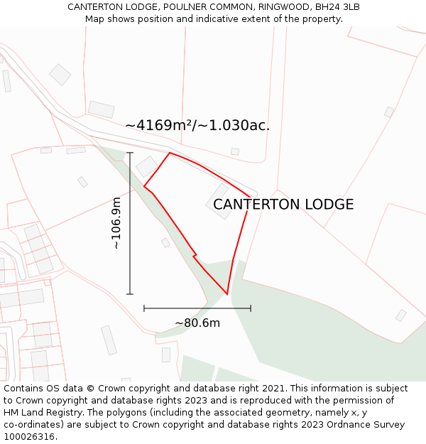 CANTERTON LODGE, POULNER COMMON, RINGWOOD, BH24 3LB: Plot and title map