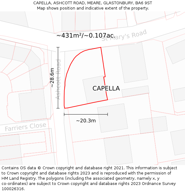 CAPELLA, ASHCOTT ROAD, MEARE, GLASTONBURY, BA6 9ST: Plot and title map