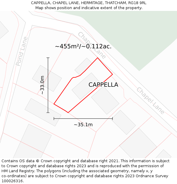 CAPPELLA, CHAPEL LANE, HERMITAGE, THATCHAM, RG18 9RL: Plot and title map