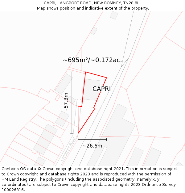 CAPRI, LANGPORT ROAD, NEW ROMNEY, TN28 8LL: Plot and title map