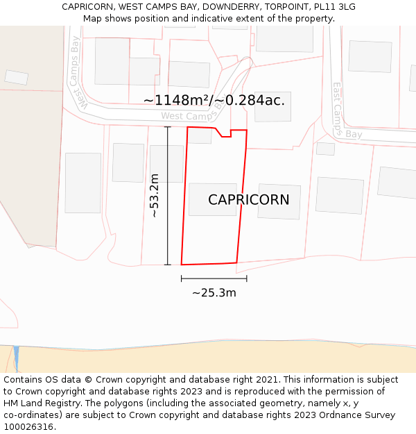 CAPRICORN, WEST CAMPS BAY, DOWNDERRY, TORPOINT, PL11 3LG: Plot and title map