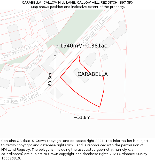 CARABELLA, CALLOW HILL LANE, CALLOW HILL, REDDITCH, B97 5PX: Plot and title map